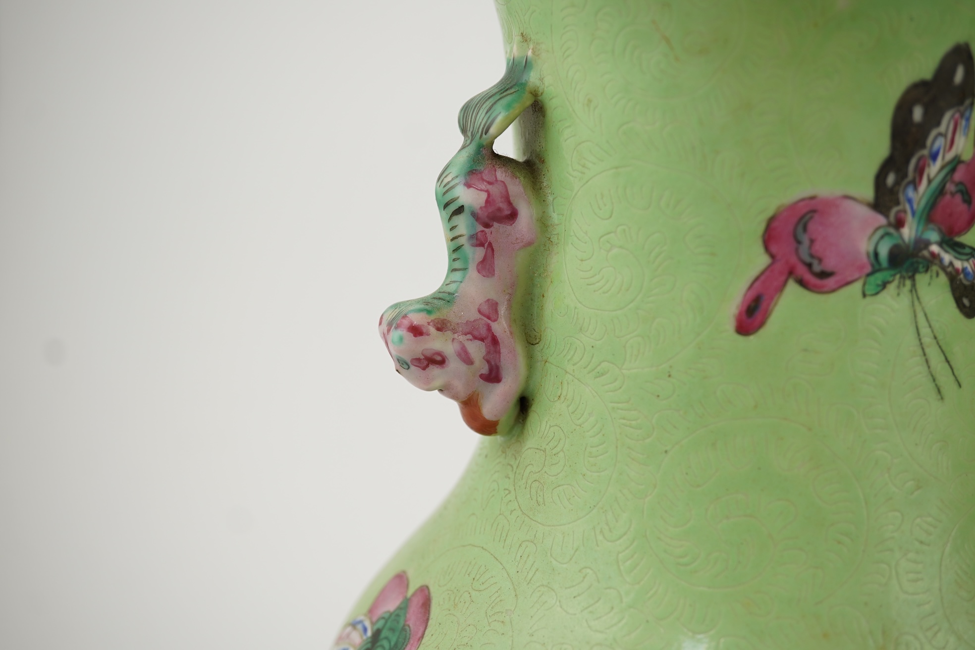 A pair of Chinese lime-green sgraffito ground vases, late 19th century